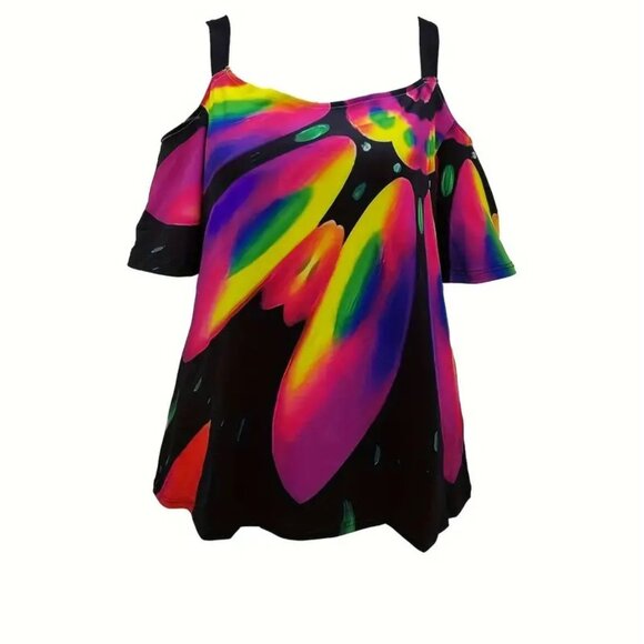 Women's Plus Size Magenta Colorblock Cold Shoulder Summer Trendy Blouse Top 20W - Picture 4 of 8